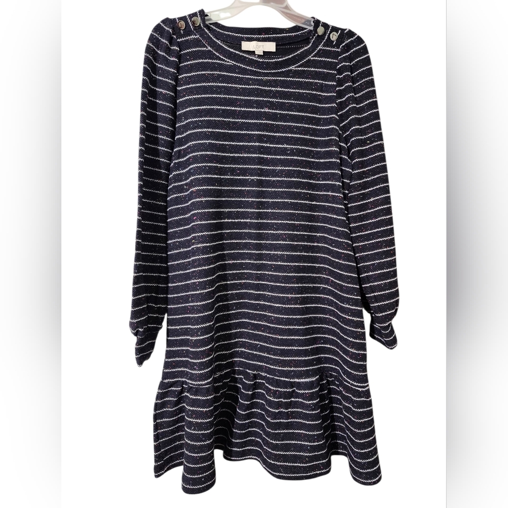 Loft Textured Striped Mini Dress - 14 Easy On, Office, Daywear, Long Sleeves